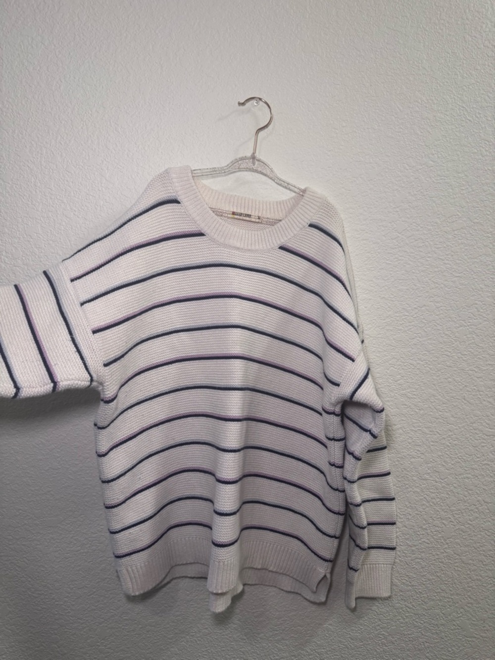 Marine Layer White Crewneck Sweater with Navy and Purple Stripes